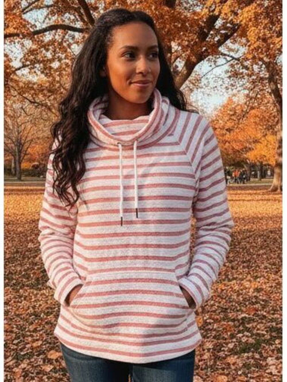 Style & Co Sport Pink White Striped Cowl Neck Top Medium Cozycore